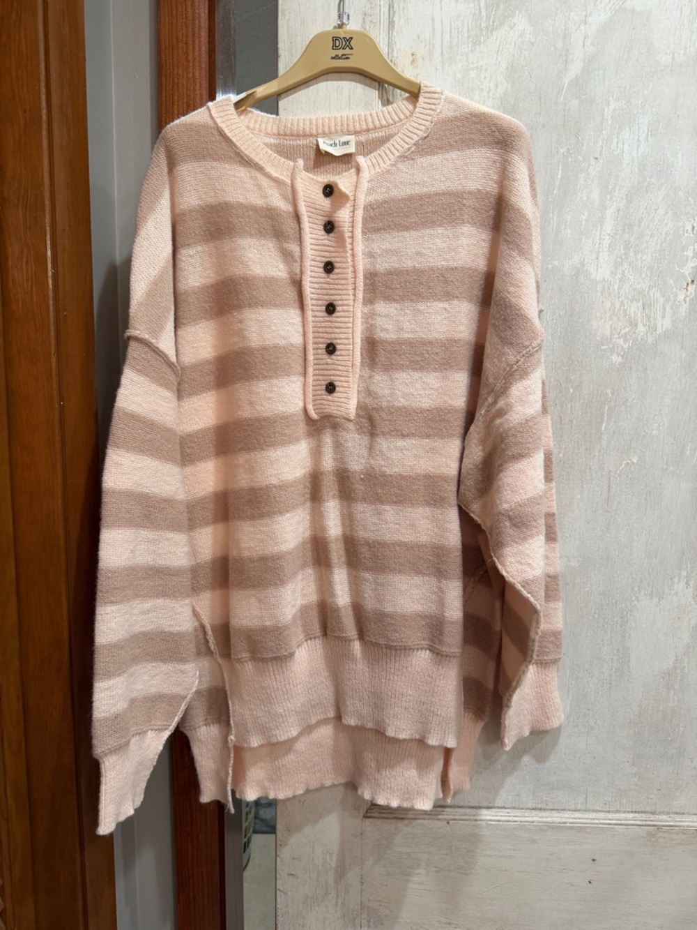 Peach Love California Striped Scoop Henley Sweater in Blush and Taupe